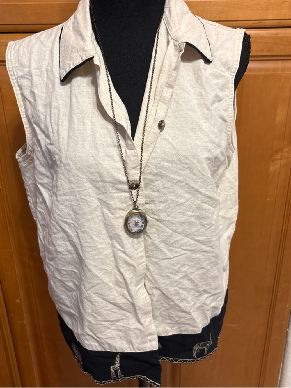 Cabin Creek Cream Sleeveless Button-Up Top with Black Trim